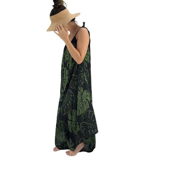 Pōʻalima Black Green Monstera Tropical Boho Wide Leg Beach Romper - Picture 1 of 15